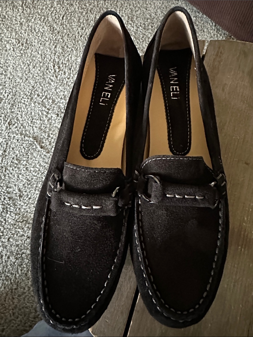 Vaneli Black Suede Slip-On Loafers with Contrast Stitching